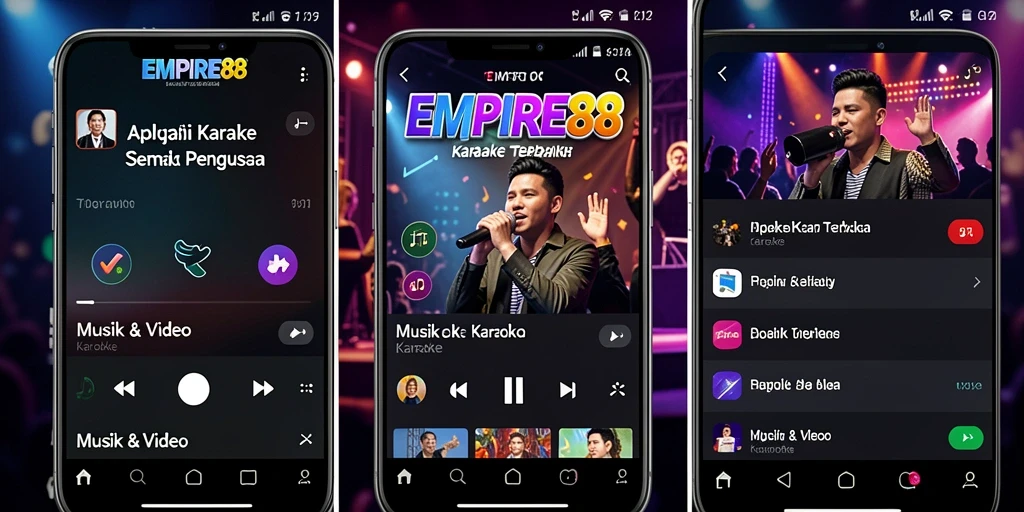 Antarmuka aplikasi EMPIRE88 menunjukkan berbagai fitur Karaoke yang menarik.